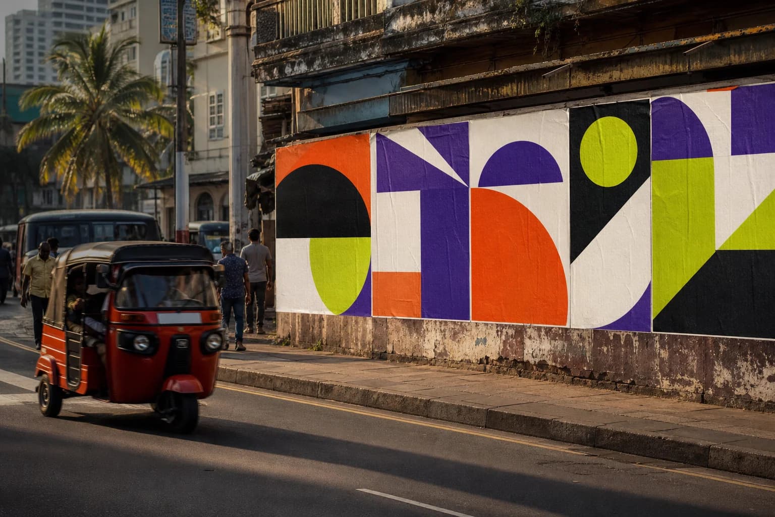 A red tuk-tuk passing a bold campaign wall in Colombo